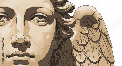 Close up of a stone sculpture depicting an angelic face with feathered wings