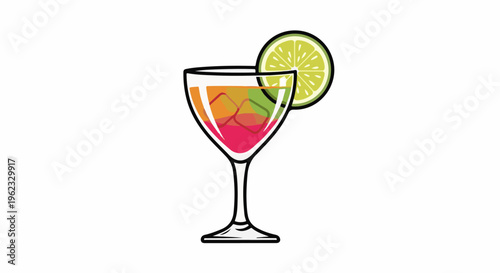 Colorful cocktail with ice cubes and lime slice garnish