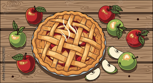 Close up of a warm apple pie with lattice crust on wooden table