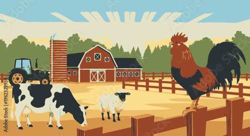 Farm animals including cow sheep and rooster in a rural setting.