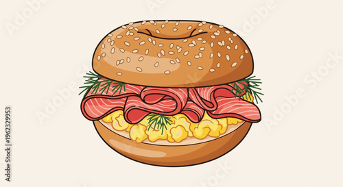Close-up illustration of a bagel sandwich with scrambled eggs and ham