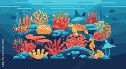 Colorful coral reef with diverse marine life and undulating blue water