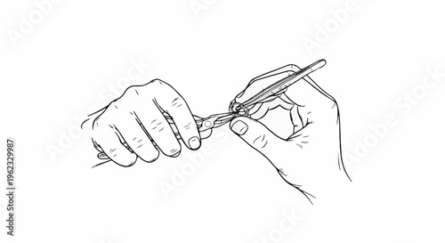 Close-up illustration of two hands precisely using tweezers to manipulate a small object