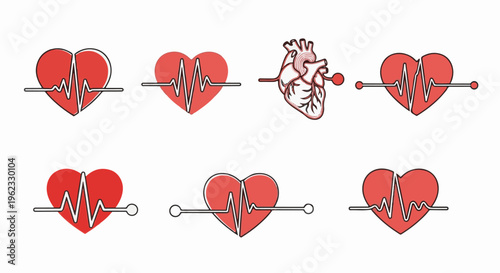 Collection of stylized hearts with electrocardiogram lines, and one anatomical heart