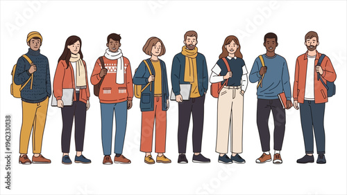 Group of multicultural students in flat vector style. Young boys and girls holding books and laptops, depicted as happy teens in casual clothes, representing youth lifestyle and education