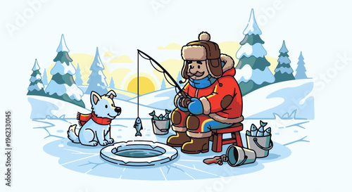 Cheerful man and dog ice fishing in a snowy winter landscape
