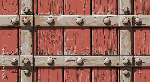 Close-up of an old weathered wooden gate with metal studs and bands