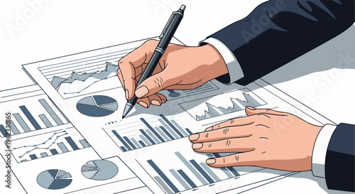 Close-up of hands analyzing charts and graphs with a pen