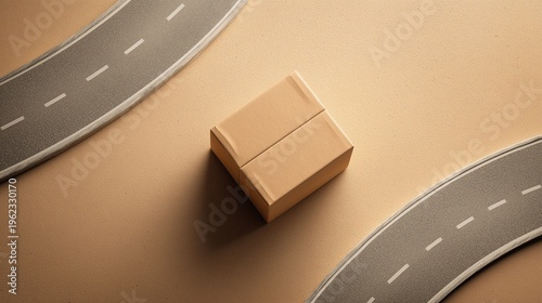 Top-down view of a cardboard box between two curved roads on a sandy surface