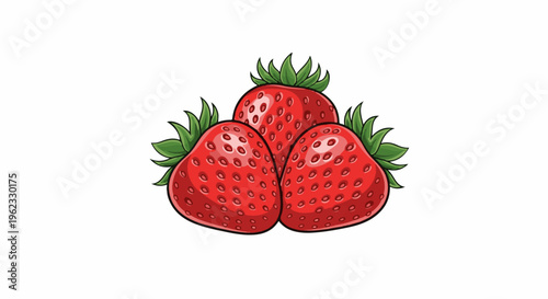 Close-up of three plump, red strawberries with green leaves