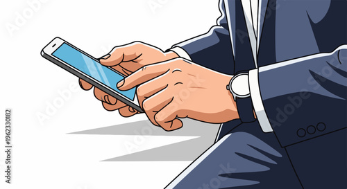 Closeup of hands in a suit using a smartphone with a light blue screen