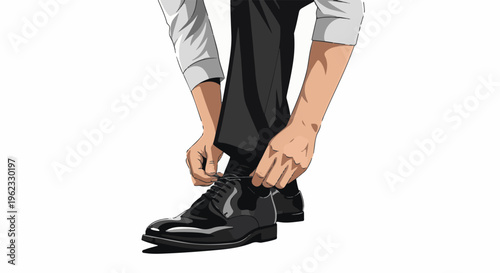 Close-up of person tying black dress shoes with white shirt and dark pants