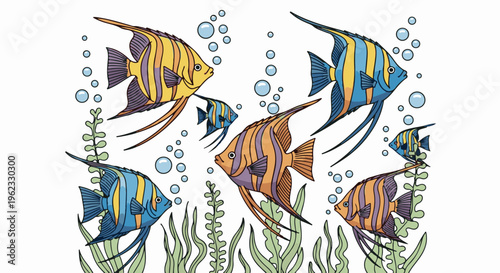 Colorful angelfish swim among bubbles and green seaweed in a whimsical underwater scene