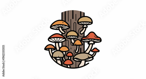 Clustered mushrooms with varied caps grow on a textured tree trunk