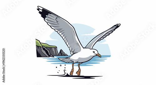 Cartoon seagull in flight over sea with rocky cliffs