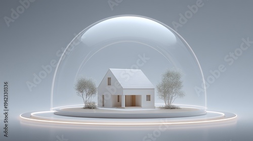 White minimalist house model protected by glass dome on glowing base