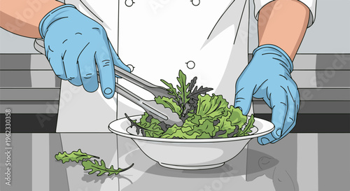 Chef in blue gloves preparing fresh salad with tongs in a white bowl