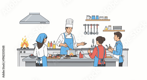 Chef instructing students in a vibrant cooking class kitchen setting