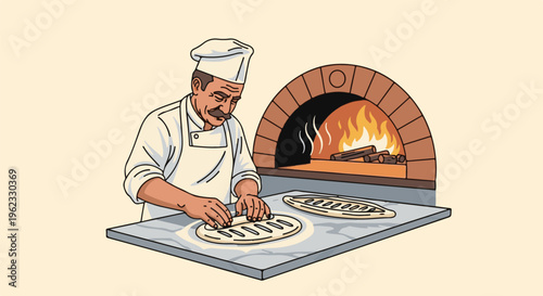 Chef prepares pizza dough near a brick oven with a burning fire