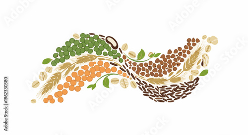 Colorful arrangement of various grains, pulses, and wheat stalks in a flowing pattern