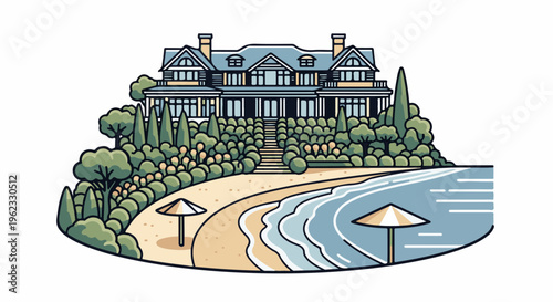 Coastal mansion with manicured gardens and beach umbrellas