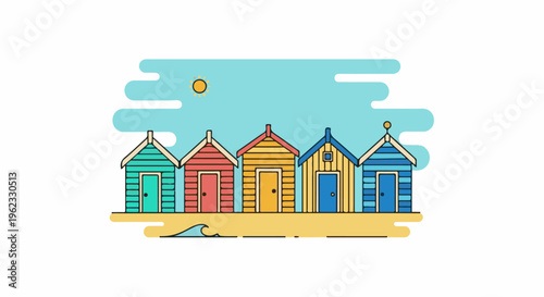 Colorful beach huts line a sandy shore under a sunny sky