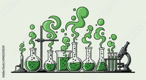 Cartoon chemistry lab setup with bubbling green liquids and fumes