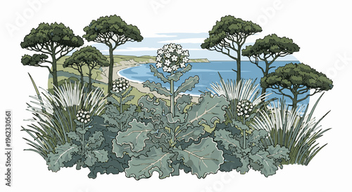 Coastal scene with flowering plants, grasses, and trees overlooking a bay
