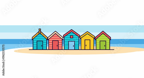 Colorful beach huts line the shore next to the ocean waves under a blue sky
