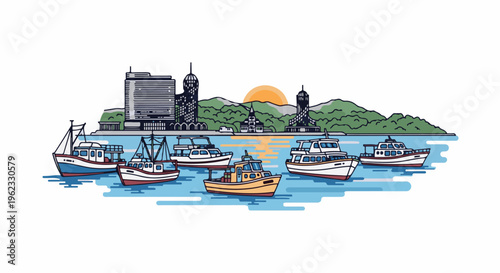 Coastal scene with multiple boats docked in a bay near a city skyline