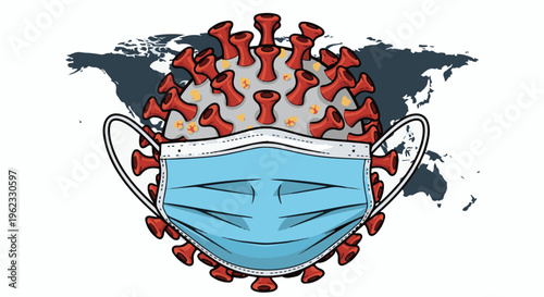 Cartoon virus particle with red spikes wears a blue surgical mask