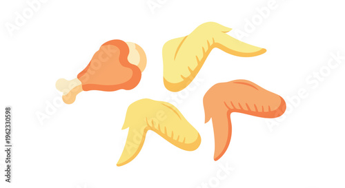 A set of four stylized chicken pieces, including two wings, a drumstick, and another wing-shaped piece, presented on a white background