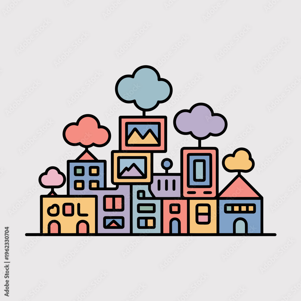 Fototapeta premium Colorful Cityscape with Buildings and Clouds
