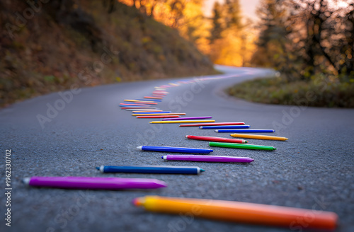 Colorful markers on the winding road path display progress and future goals, representing strategy planning and decision making for both business and personal growth through a visual metaphor.