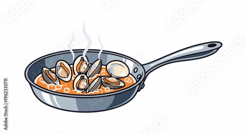 Clams steaming in a sauce in a skillet