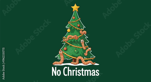 Cartoon worms decorate a Christmas tree with lights and ornaments