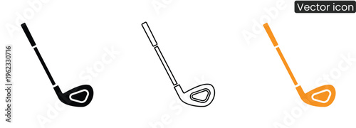 Vector icons of golf clubs in three styles: solid black, line art, and orange, perfect for sports and golf-related designs