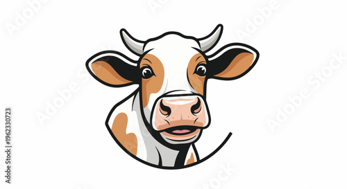 Cartoon cow head with large eyes, pink nose, and brown patches