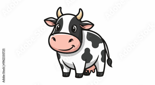 Cartoon cow with black spots, pink nose, and horns