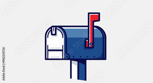 Cartoonish blue mailbox with red flag on white background