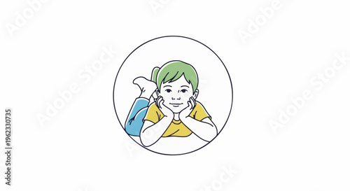 Child with green hair lying down, resting chin on hands