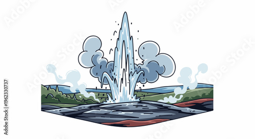 Cartoon depiction of a geyser erupting with water and steam against a landscape