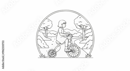 Child riding a tricycle through a scenic landscape, within a circular frame