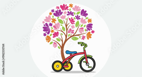Cartoonish tree with colorful flowers and a child's tricycle