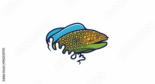 Cartoon-like creature with segmented body, blue fins, and green base