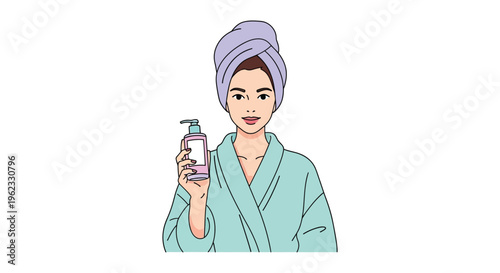 Woman in bathrobe holding body lotion in pastel colors minimalist illustration for beauty product advertising