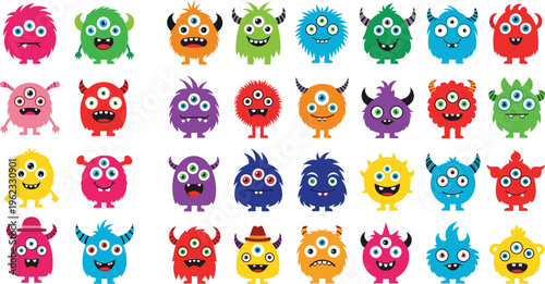 Cute Cartoon Monster Character Collection with Many Colorful Funny Creatures for Kids Design, Mascot Illustration, Stickers, Nursery Graphics, and Playful Flat Vector Set.