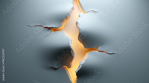 Cracked gray wall with glowing fissure, abstract rupture across minimal surface