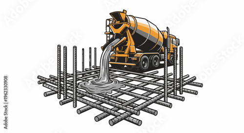 Cement truck pouring concrete onto steel rebar structure