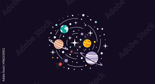 Colorful cartoon planets and stars in a swirling cosmic pattern